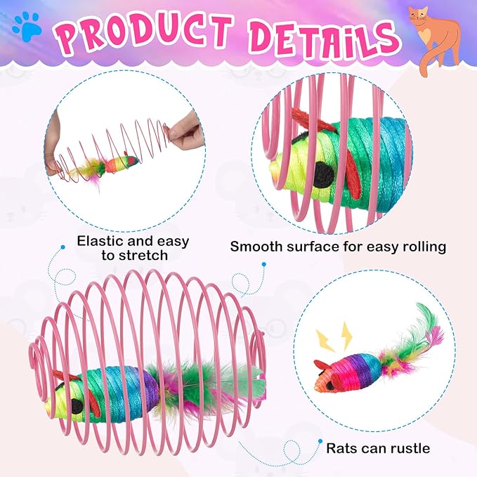 Jecery 5 Pcs 5 Pcs Cat Spring Balls Toys Stretchable Rolling Balls Colorful Playful Coils Interactive Spring Action Toy Caged Rats for Kitten Cat Pet Supplies (Mouse, Rainbow Color)