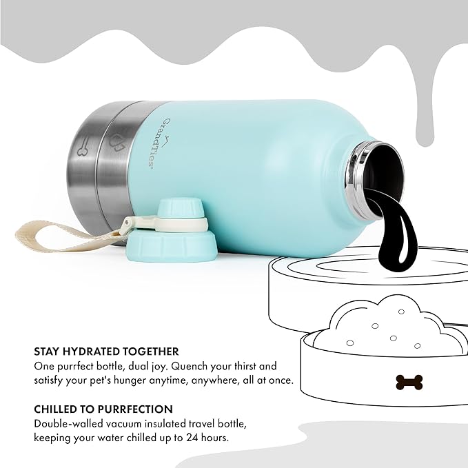 GrandTies Insulated Portable Dog Water Bottle with 2 Detachable Water Bowl Dispenser | Leak-Proof Dog Food Travel Container | Accessories for Dogs Walking, Hiking, Camping (64oz, Powder Green)