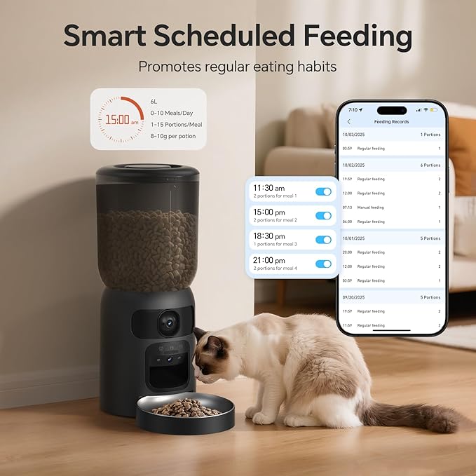 Automatic Cat Feeder with Dual 2K Camera, 5G WiFi with Night Vision, Cat Food Dispenser with App Controlled Pet Feeder, 2-Way Audio, Pet Feeder for Vacation & Work, Freshness Seal, Black