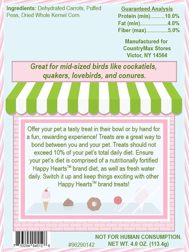 Happy Hearts Treat Shop Garden Bites Carrots and Peas Bird Treats for Cockatiels, Conures 4 oz.