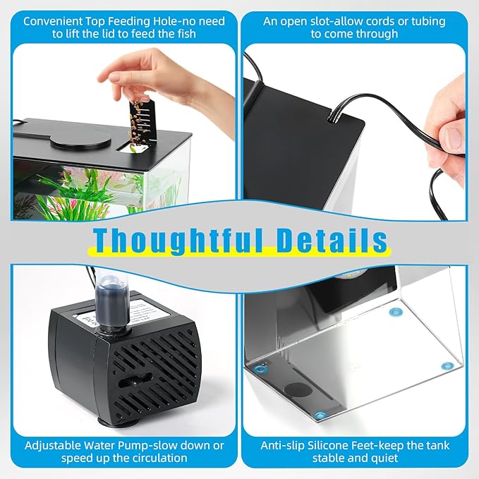 AQUANEAT Fish Tank, 1 Gallon Betta Fish Tank, Small Aquarium Kit with LED Light and Water Filter Pump