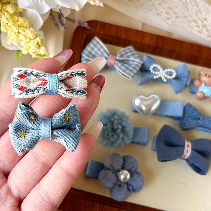 Blue Dog Hair Clips and Rubber Bands Small Dog Bows Denim Cute Pet Grooming Accessories Alligator Clips Stay In Hair Barrettes Flower Bear Hairpin Topknot Headdress Yorkie Puppy Maltese Girls Dogs