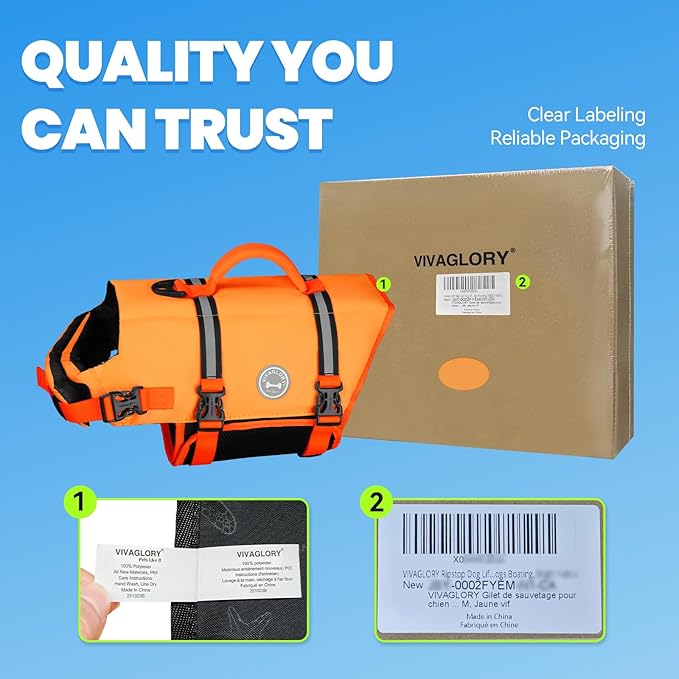 VIVAGLORY Rip Stop Dog Life Vest, Swimming Vest with Handle, Buoyancy for Doggy Puppy, Dog Life Jacket for Swimming & Boating, M, Dark Orange