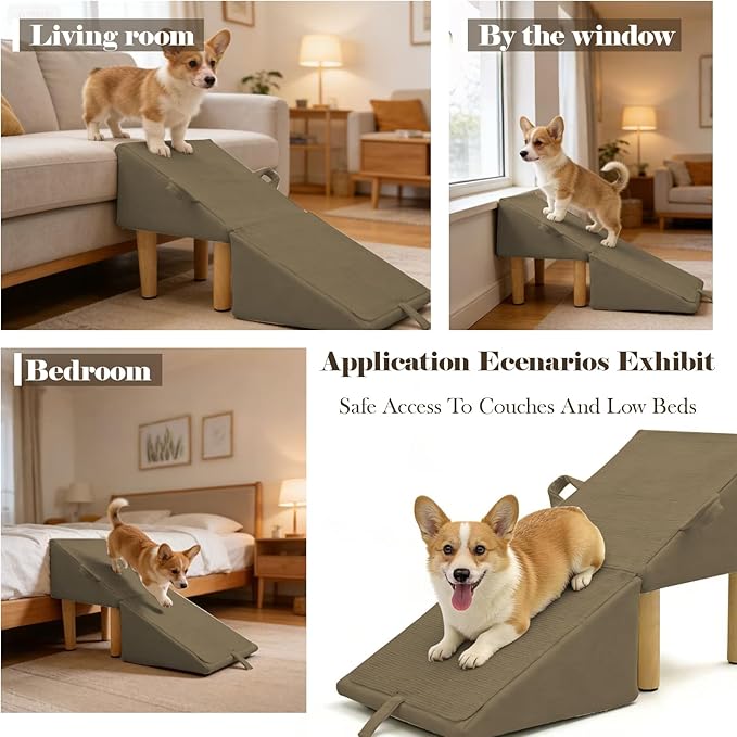 Split Ottoman Dog Ramp for Couch and Low Bed, 2-in-1 Foldable Dog Stairs for Small Dogs and Cats, Wooden Pet Ramp with Non-Slip Surface, Portable Step Stool Design. Coffee