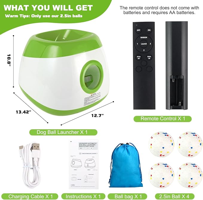 Automatic Ball Launcher for Dogs, 40-80Ft Distance Dog Ball Thrower Launcher, Rechargeable Automatic Dog Balls Launchers with 4 Balls (2.5"), Remote Control Thrower for Medium/Large Dogs (Green)