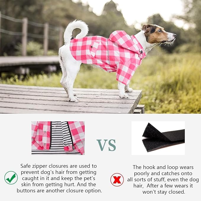 Dog rain Coat Waterproof Raincoat Puppy Jacket with Legs Buttons Zipper Hood Drawstring Fit for Yorkie Terrier Schnauzer Poodle Border Collie Labrador Golden Retriever 8lbs to 80lbs Pink M