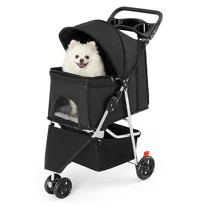 DUMOS 3 Wheels Pet Stroller for Small Dogs and Cats – Foldable Dog Stroller with Mesh Windows, Storage Basket & Cup Holder, Lightweight & Durable Pet Carrier for Travel, Outdoor Use – Black