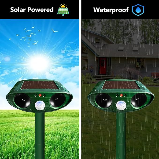 2 Pack Solar Ultrasonic Animal Repellent Outdoor, Cat Deterrent, Squirrel Repellent, Motion Activated Deer Repellent Devices for Squirrel Rabbit Skunk Raccoon Dog Cat Deer Fox Coyote Bird for Garden