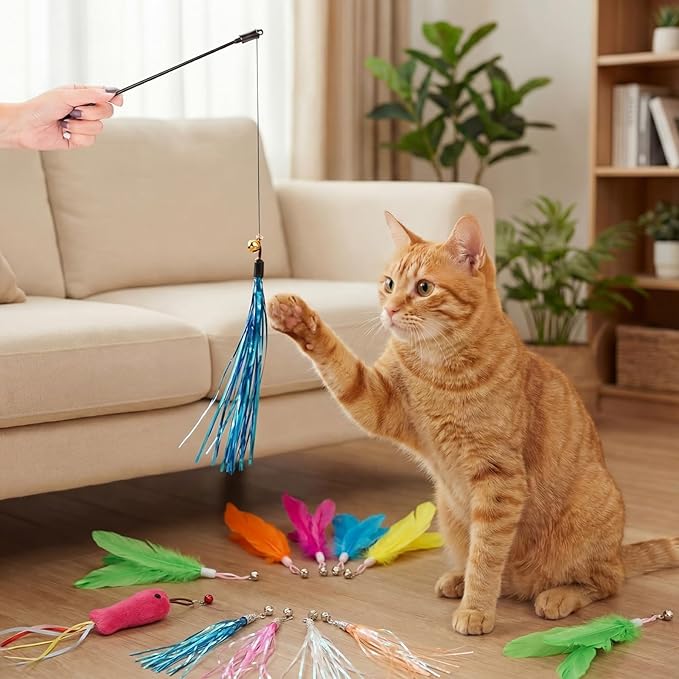 60 Pcs Cat Wand Feather Toys Refill Colorful Cat Wand Replacement Feathers Toy for Interactive Kitten Fishing Pole Feather Attachments with Bells for Stray Cats to Exercise (Feather-Mix)