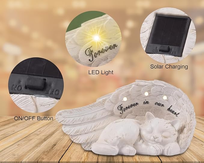NEWDREAM Solar Cat Pet Memorial Statue,Pet Loss Gifts, The Angel Cat Statue Commemorates,Pet Loss Sympathy Remembrancecat with Solar Light Outdoor Cat Memorial Gifts, Cat Angel Wings
