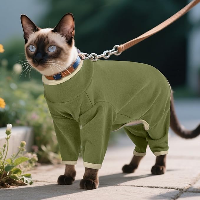 DENTRUN Cat Clothes for Hair Control with Hair Sticky Fabric - Soft Recovery Suit & Breathable Lint-Resistant Cat Sweater for Cats Only, Kitten Onesie Pajamas, XS, Army Green