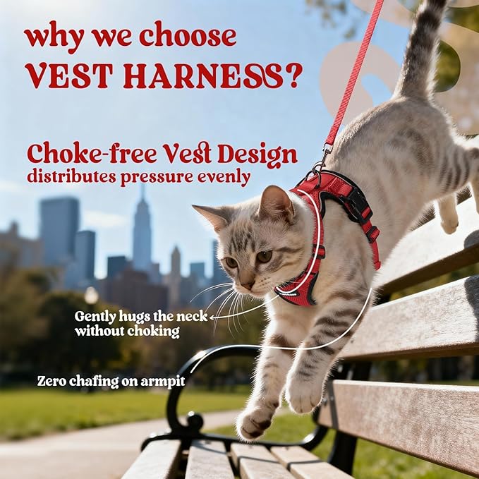 rabbitgoo Cat Harness and Leash for Walking, Escape Proof Soft Adjustable Vest Harnesses for Cats, Easy Control Breathable Reflective Strips Jacket, Red, XS