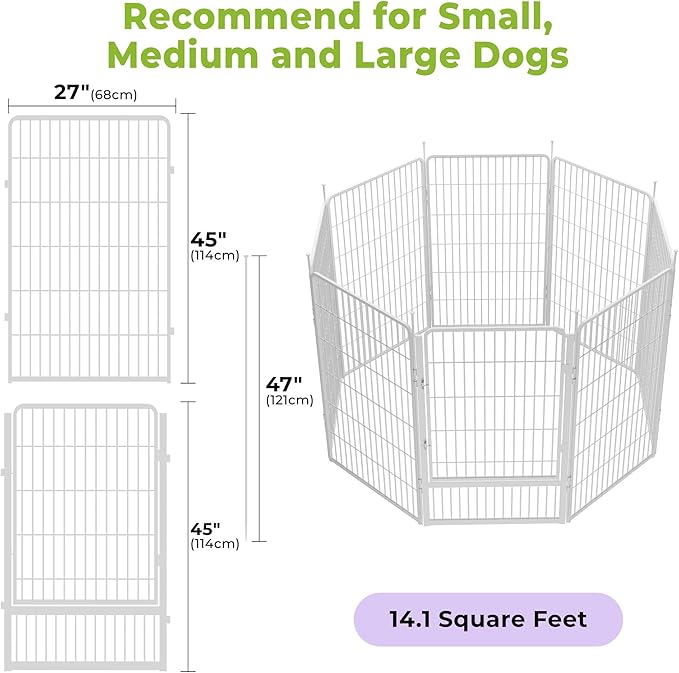 SunsGrove Dog Play Pen Indoors, 45 Inch 8 Panels Dog Playpen for Large Dogs, Easy Setup Anti-Rust Pet Fence, White