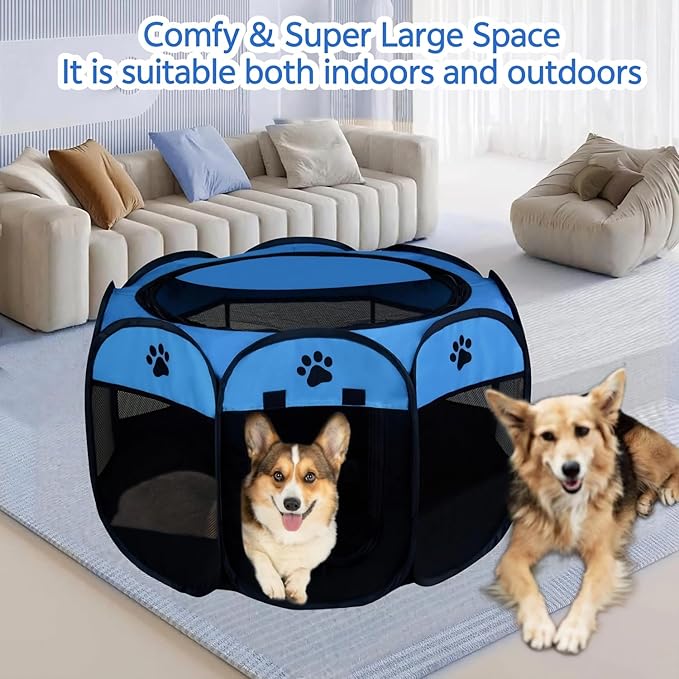 Dog Playpen,Puppy Pet Cat Playpen Indoor for Small Dogs Tent Crates Cage Indoor/Outdoor, Portable Pop Up Dog Kennel Playpen with for Dogs/Cats/Rabbits, Removable Zipper Top(Small Size, Blue)