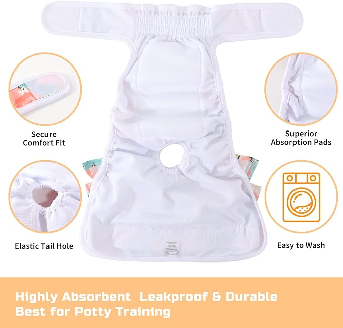 Washable Dog Diapers Female 3 Pack Reusable Premium Highly Absorbent Doggie Diapers, Flexible Puppy Diapers, Durable Leak-Proof Dog Diapers for Period Heat Incontinence Potty Training, L