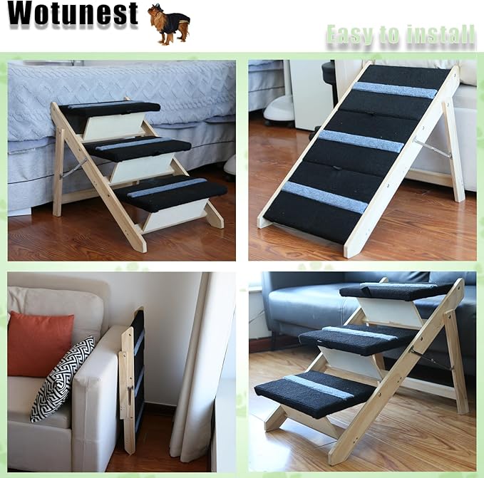 2-in-1 Indoor Pet Ramp, Wooden Folding 3-Tier Pet Stairs with Non-Slip Carpeted Steps, Ramp Perfect for Bed and Couch