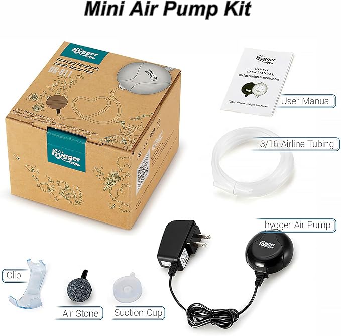 hygger Quiet Mini Air Pump for Aquarium 1.5 Watt Oxygen Fish Air Pump for 1-15 Gallon Fish Tank with Air Stone Air Tubing Clip Black