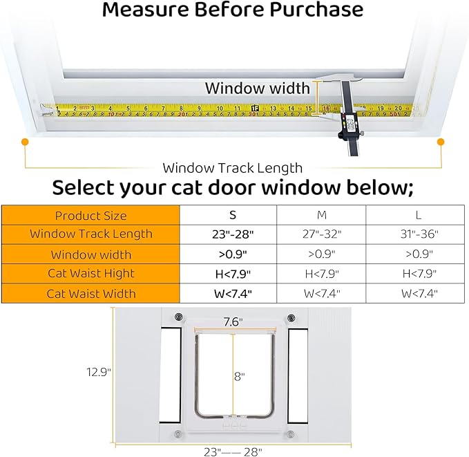 Cat Door for Window, Adjustable Width Fits 23"-28", Quick-Fit Cat Door Window Insert, Aluminum Frame with Tight Seal & Magnetic Closure, 4 Locking Modes for Pet Access Control