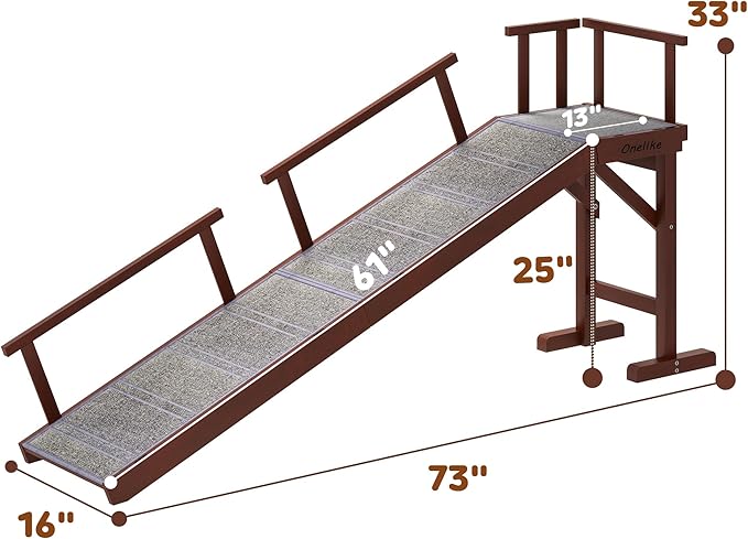 Onelike Wooden Dog Ramp for Bed with Removable Side Rail and Non-Slip Carpet, Stable Pet Ramp Stair for Couch Sofa for Small & Large & Senior Dogs, 74" Long Ramp Brown