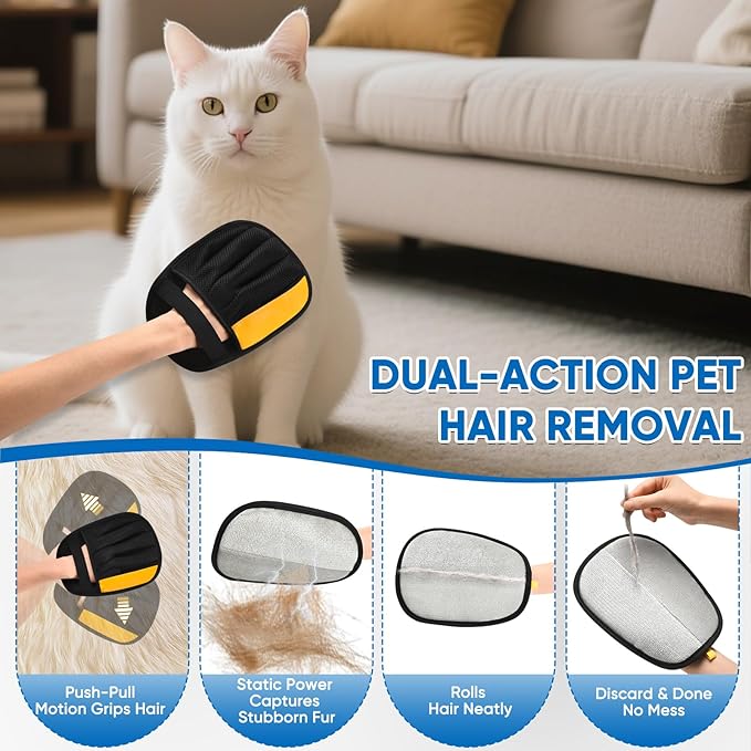 Upgraded Pet Hair Removal Glove, Five-Finger Electrostatic Reusable & Quick-Clean Grooming Remover Gloves for Dogs & Cats, Gently Remove Fur from Furniture, Laundry, Carpet & Car Seats