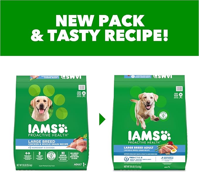 IAMS Proactive Health Large Breed Adult Dry Dog Food Chicken & Whole Grain Recipe, 30 lb. Bag