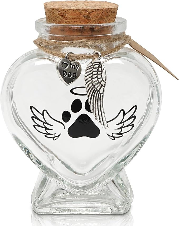Pet Memorial Gift for Loss of Dog or Cat, Heart Shape Glass Jar & Bottle for Fur, Hair, Whiskers or Ashes Keepsake Urn with Cork Top, Charms for Cute Rainbow Bridge Memorial, Dog