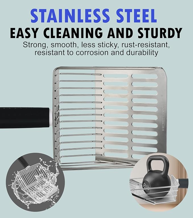 Cat Litter Scoop,Solid and Durable Kitty Metal Scooper,Stainless Steel Sifter,Heavy Duty,for Litter Box,Black Rubber Handle,Included Stainless Steel Hook