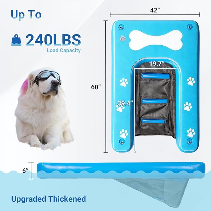 60"x42" Dog Boat Ramp with Thickened Non-Slip Mat, Dog Paw Patterns, Supports Up to 240 lbs, Perfect for Pools, Lakes, and Beaches