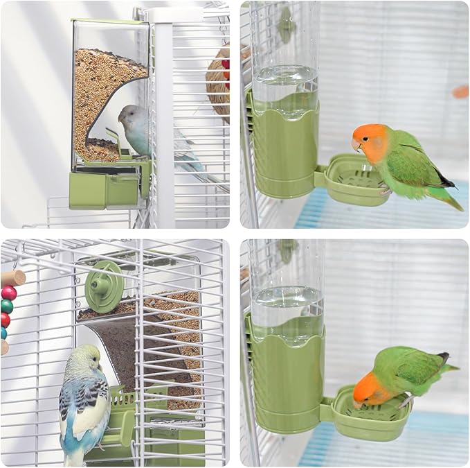 Bird Feeder Water Dispenser Set, Automatic Cage Feeder with Perch for Seed Parakeet Canary Cockatiel Finch Budgies Cage Accessories (Blue)