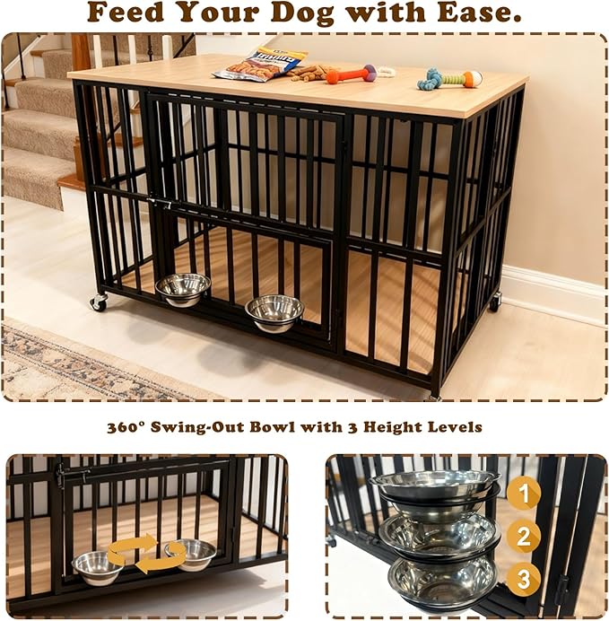 43" Dog Crate Furniture Foldable, Large Dog Kennel Furniture with Swing-Out Bowl & Dual Base Sets (Feet+Wheel), No Assembly Foldable Dog Crate Furniture, End Table for Large Dogs, Warm Gray