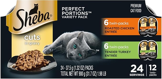 Sheba Perfect Portions Wet Cat Food Cuts in Gravy, Cat Food Wet Recipe, Roasted Chicken Entree and Turkey Entree, Variety Pack, Twin-Pack Trays (12 Count, 24 Servings)