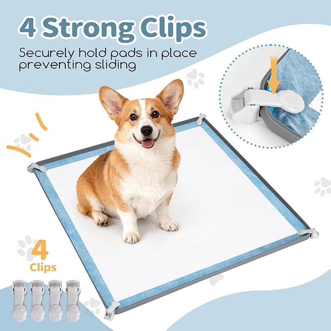 Pee Pad Holder, Dog Potty Tray for 24" x 24" Training Pads, Silicone Non-Slip Pee Mat Potty, No Spill Raise Lip High Edge Puppy Pad Tray with 4 Holder Clamps for Dog Training Home Floor Protection