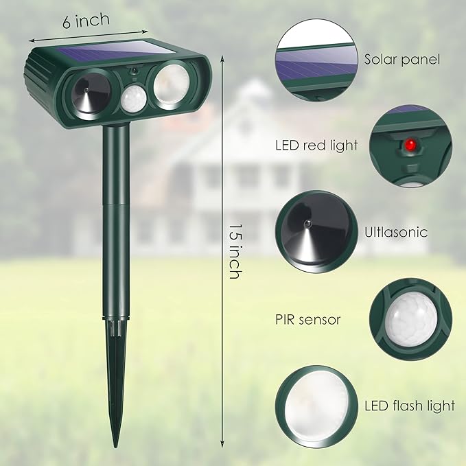 Solar Ultrasonic Animal Repeller Outdoor Cat Repellent Sonic Fortress Pro Deer Repellent with Motion Sensor & Strobe Light,Animal Deterrent Devices for Squirrel Racoon Skunk Rabbit Garden Yard, 4 Pack