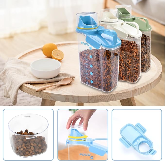 Dog Food Storage Container 3-5lbs, Dog Food Container with Airtight Pour Spout, Cat Food Storage Container with Measuring Cups, Portable Pet Food Container for Dogs, Cats, Birds（Blue）