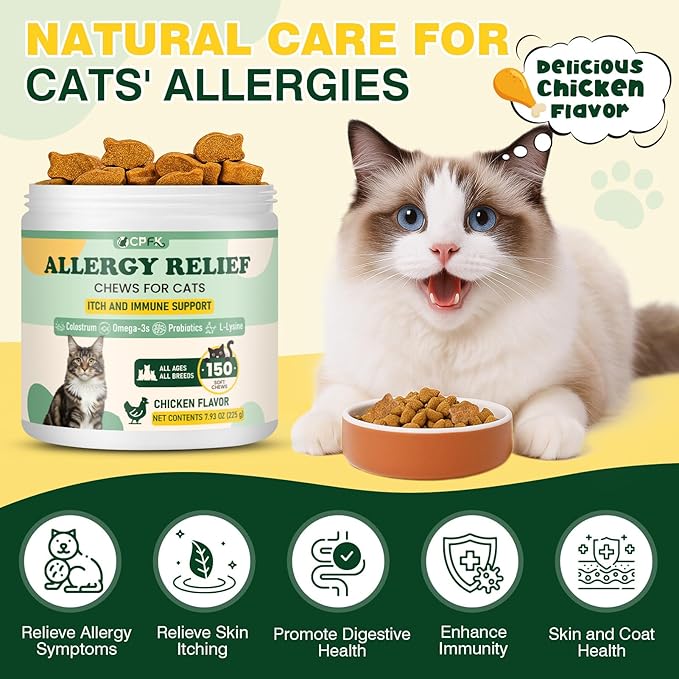 Cat Allergy Relief for Cats, 150 Soft Chews for Cat Itch and Allergy Relief with Omega-3 and Probiotics Coat Health, Immune Boost and Seasonal Allergies Chicken Flavor Chews