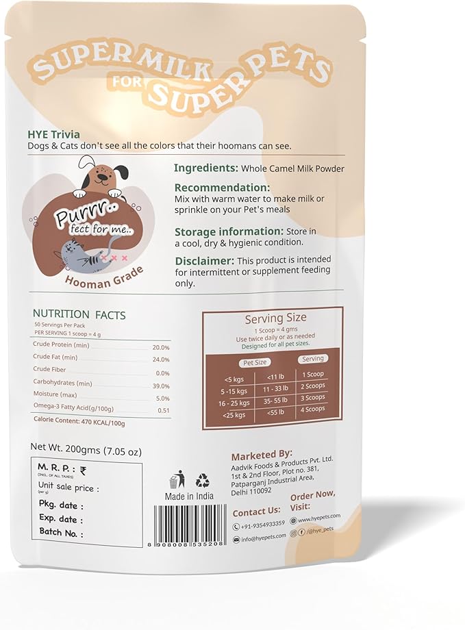 HYE Pets Full Fat Camel Milk Powder for Dogs & Cats | 200g