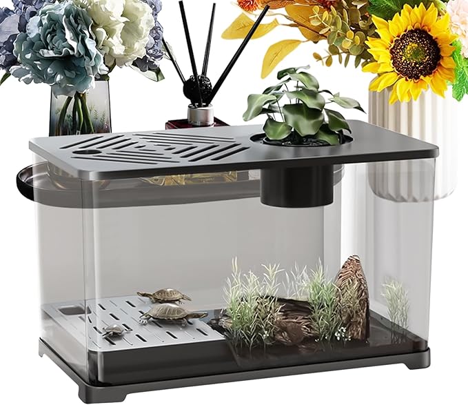 Aquarium Tank - Spacious Glass Fish Tank Setup for Betta Shrimp, Modern Desktop Habitat with Turtle Perch and LED Lighting, Ideal for Home Decor and Plant Cultivation