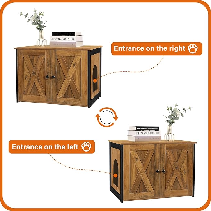 Dwanton Litter Box Enclosure, Cat Litter Box Furniture Hidden, Reversible Entrance Can Be on Left or Right Side, Wooden Cat Washroom Indoor, Warm Brown, 27.6 Inches