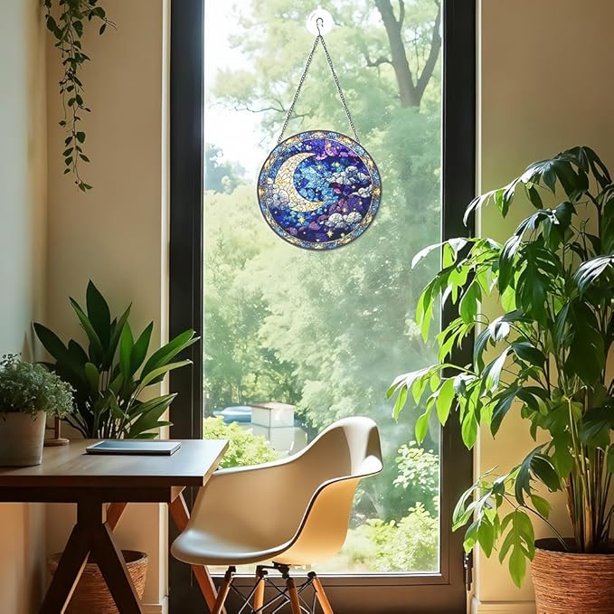 Moon Suncatcher Stained Glass Window Hanging Decor-Celestial Night Sky Design for Indoor Windows, Bedroom or Living Room, Unique Gift for Women, Housewarming, New Home and Spiritual Space Decoration