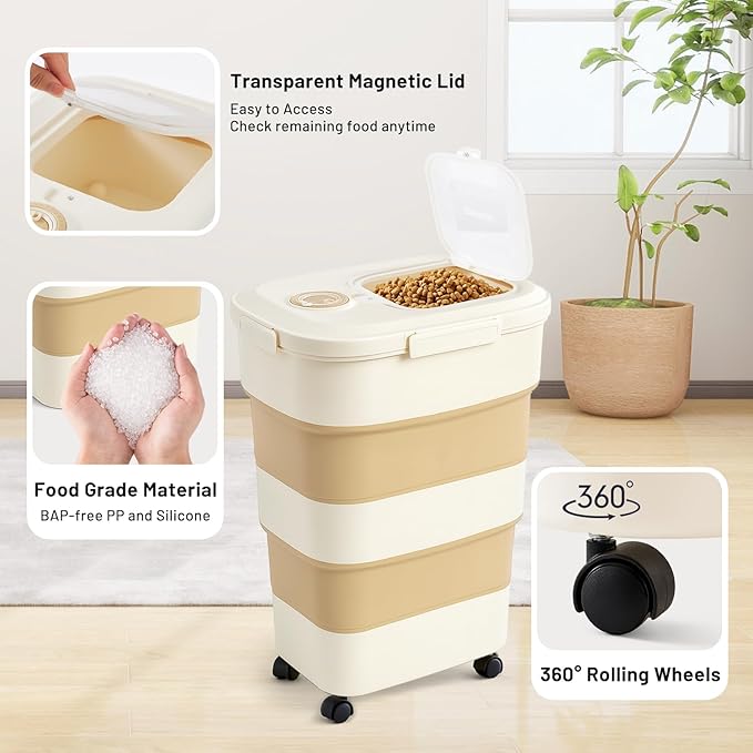 40-50lbs Dog Food Storage Container, Large Capacity Collapsible Airtight Pet Food Storage Containers with Rolling Wheels, Transparent Lid, Scoop and Date Track, Brown