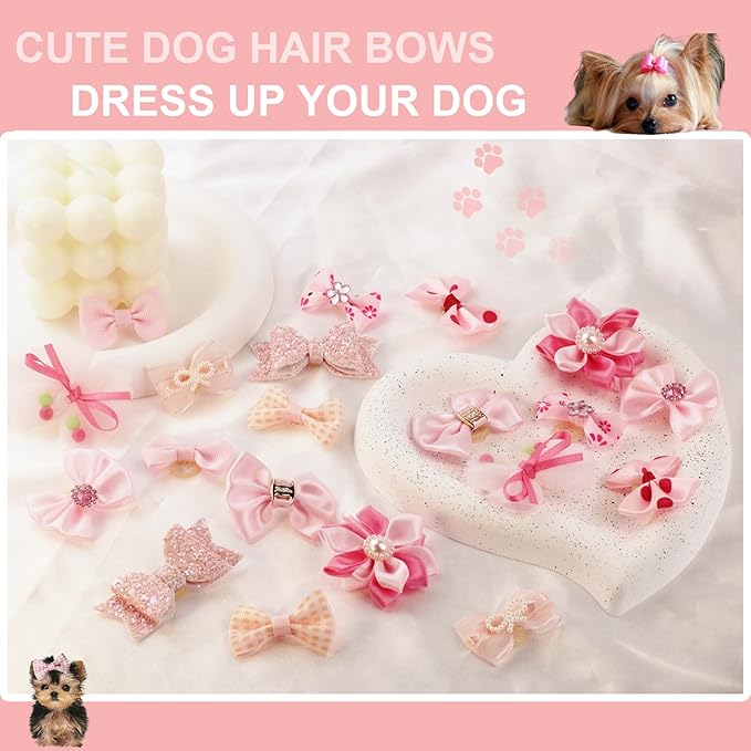 20pcs Light Pink Small Puppy Dog Hair Bows with Rubber Bands, Flower Ball Bowknot Rhinestone Pearls Hair Ties Mix Style for Dog Hair Accessories