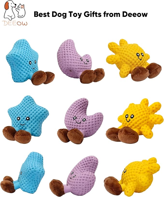 Deeow 3-in-1 Dog Toys Set: Star, Moon & Sun Plush Squeaky Pet Toys, Super Soft for Calming Play Enrichment, Best for Puppies, Small Medium Dogs with Anxiety, Dog & Cat Interactive Pet Gift
