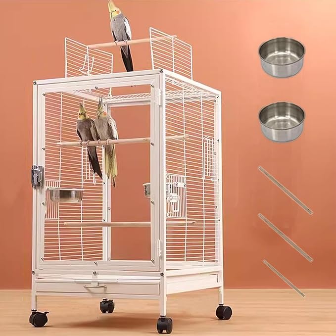 xixi-home Parrot Cage,Metal Bird Cage Ornamental Cage -with Play Top and Wheel,Large Birdcage Flight Cages for Outdoors for Parakeet,Lovebirds,Cockatiels(Type C - White)