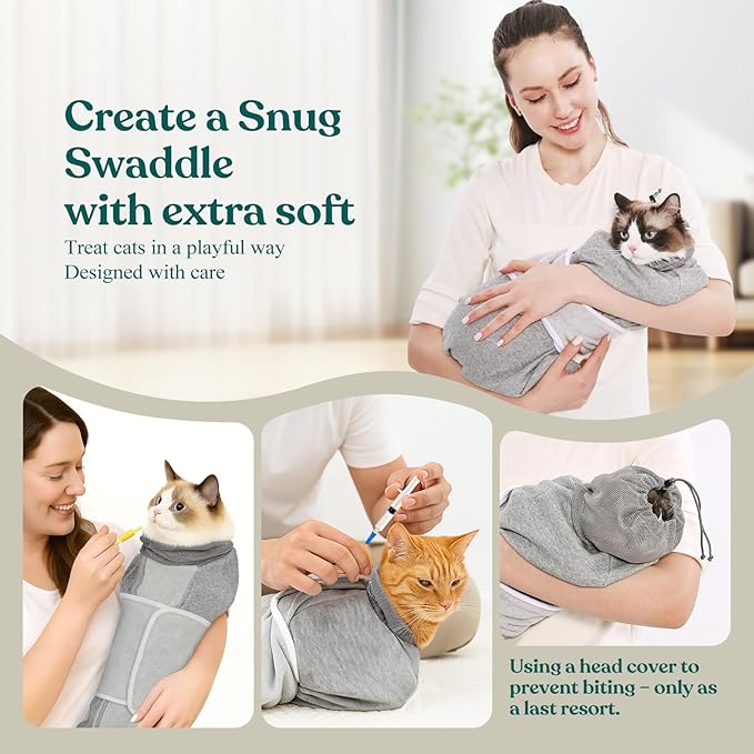 Supet Cat Grooming Wrap for Cutting Nails, Self-Adhesive Anti-Scratch Swaddle with Bite-Proof Mesh Hood & Thick Waist Strap Anti-Escape Bag for Nail Trimming, Medication, Ear Cleaning (Grey S)