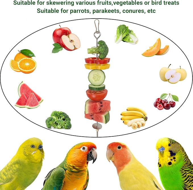 Bird Cage Food Holder - 2 Pcs Stainless Steel Parrot Fruit Vegetable Skewer Bird Cage Feeder, Birds Foraging Toys with Hooks for Parakeets, Budgies, Macaws
