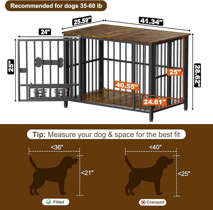 Easycom Dog Crate Furniture Foldable, No Assembly Decorative Dog Kennel Indoor, Dog Crates for Large Dogs(35-60 lb), Wooden Dog Cage with Adjustable Bowls and Name Tag, End Table, Rustic Brown