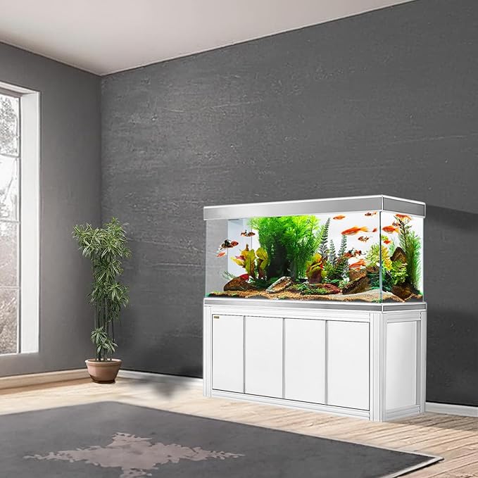Aqua Dream 230 Gallon, All-in-One Aquarium Fish Tank with Tempered Ultra-Clear Glass, Includes Cabinet Stand, Multi-Chamber Filtration Sump, Filter Media, 1450 GPH Water Pump - White/Silver