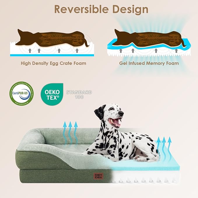 EHEYCIGA Orthopedic XL Dog Bed for Large Sized Dog, 42x30x7.5 Inch Extra Large Memory Foam Dog Couch Bed with Sides, Waterproof Liner & Washable Removable Cover, Green