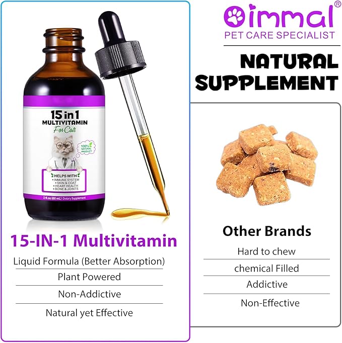Cat Multivitamin Drops - 15 in 1 Vitamin Supplement for Immune Support, Heart, Bones, Joint, Skin & Coat Health, Bacon Flavor Vitamins for Senior Cats & Kittens (1 Pack, for cat)