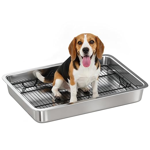 PawHut Dog Potty Tray Stainless Steel, Puppy Training Tray for Small and Medium Breeds, Indoor Dog Pee Pad Holder with Elevated Grid, Easy to Clean, for Porch, Bathroom, Balcony, 28" x 20" x 4"